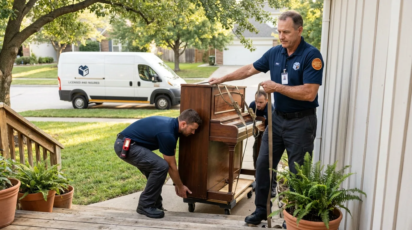 Licensed piano movers securing grand piano in Orem, UT