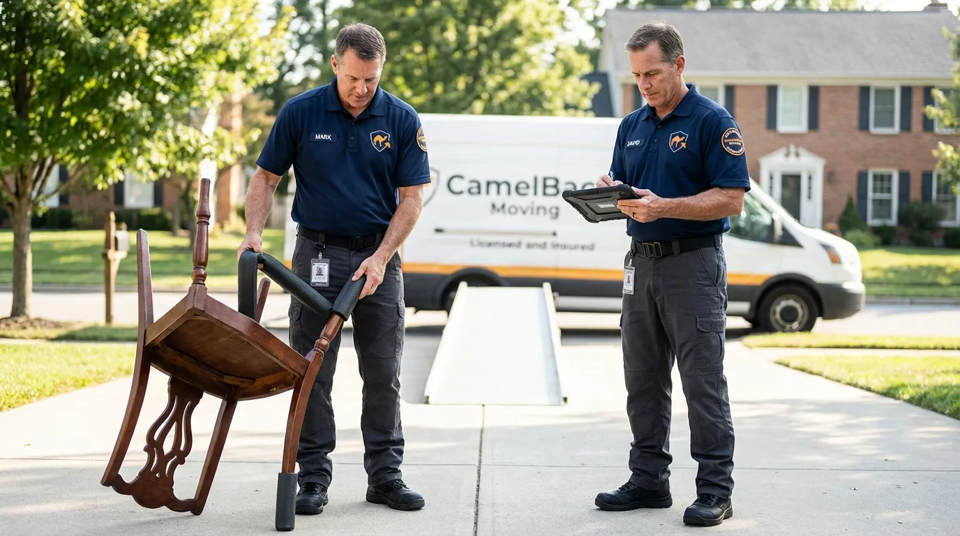 Movers inspecting furniture for damage prevention before loading in Orem, UT