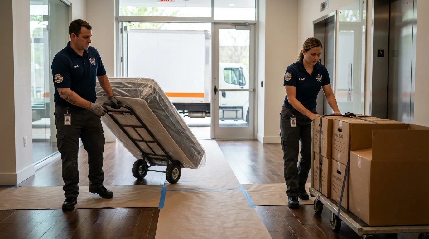 Professional apartment movers loading elevator in Orem, UT