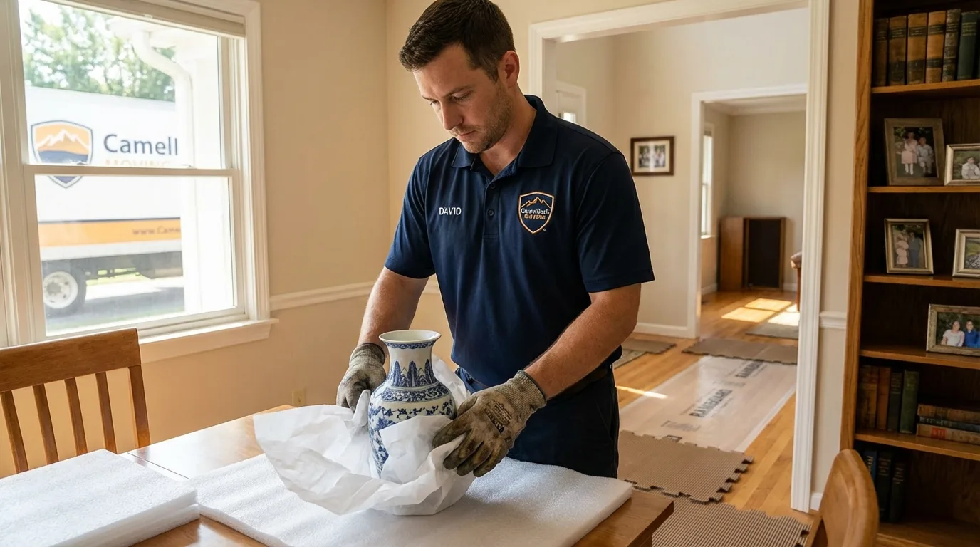 Professional crew carefully wrapping antique vase for senior downsizing move in Orem, UT